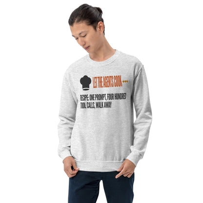 Let The Agents Cook crewneck sweatshirt — Ash, on model