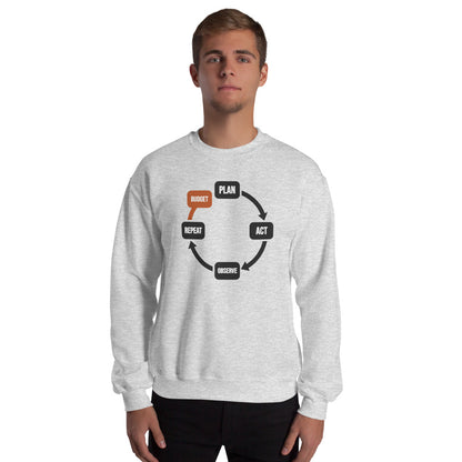 Plan Act Observe Repeat crewneck sweatshirt — Ash, on model