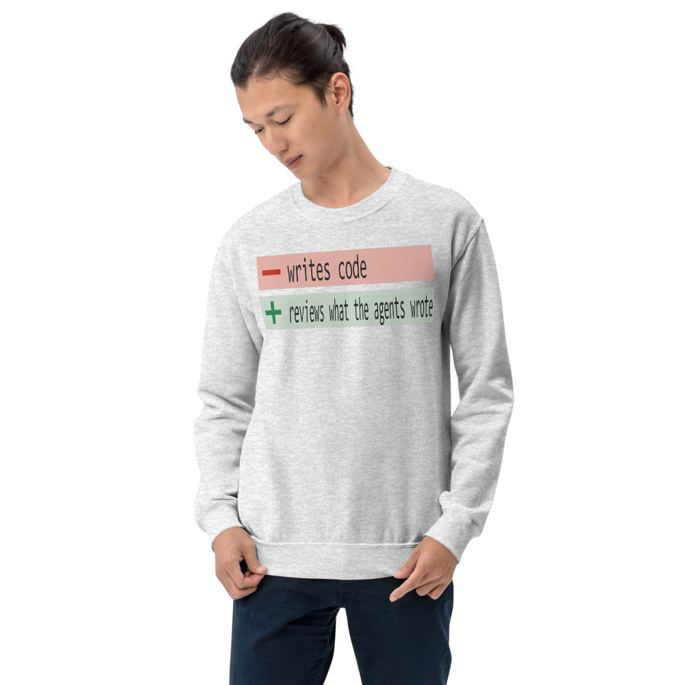 The Diff agentic AI engineer crewneck sweatshirt — Ash, on model
