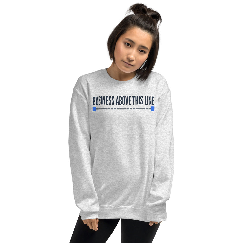 Business Above This Line crewneck sweatshirt — Ash, on model