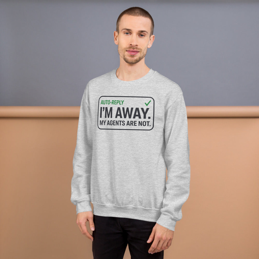 Auto-Reply agentic AI engineer crewneck sweatshirt — Ash, on model