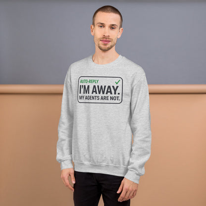 Auto-Reply agentic AI engineer crewneck sweatshirt — Ash, on model