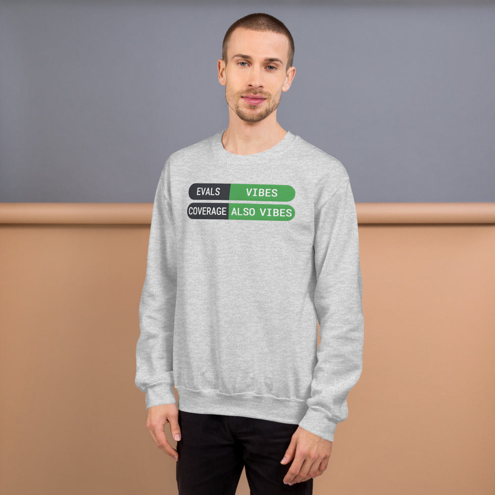 Eval Suite Vibes agentic AI engineer crewneck sweatshirt — Ash, on model