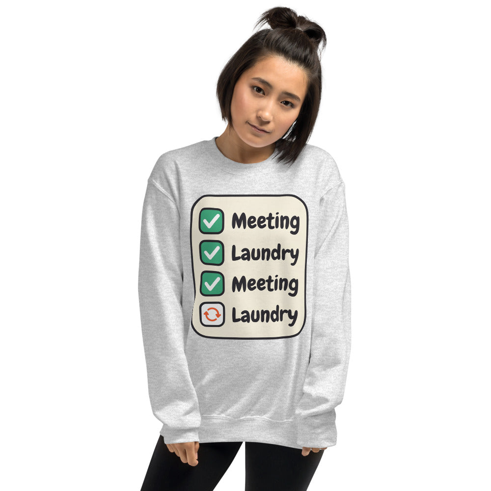 Meeting Laundry funny work from home crewneck sweatshirt — Ash, on model