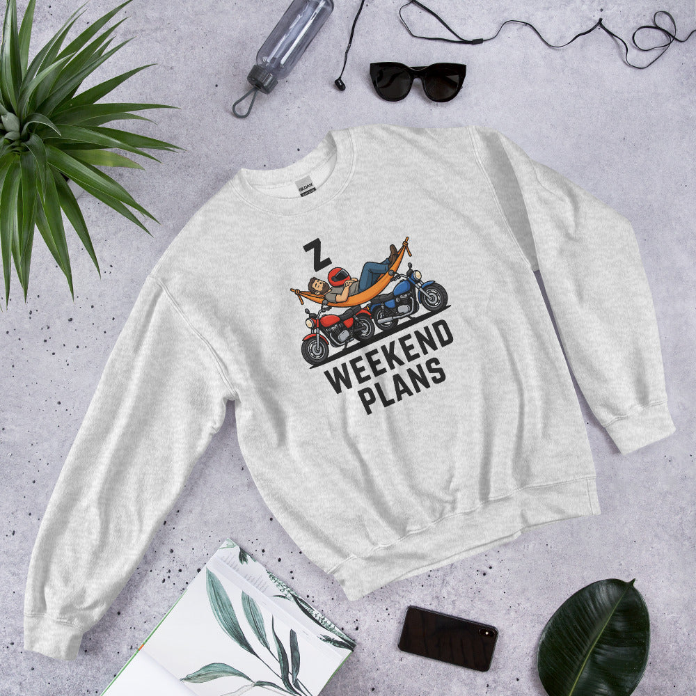 Weekend Plans funny motorcycle dad crewneck sweatshirt — Ash, flat lay