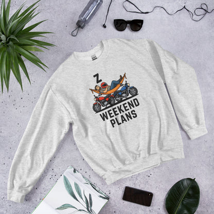 Weekend Plans funny motorcycle dad crewneck sweatshirt — Ash, flat lay
