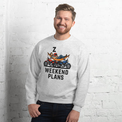 Weekend Plans funny motorcycle dad crewneck sweatshirt — Ash, on model
