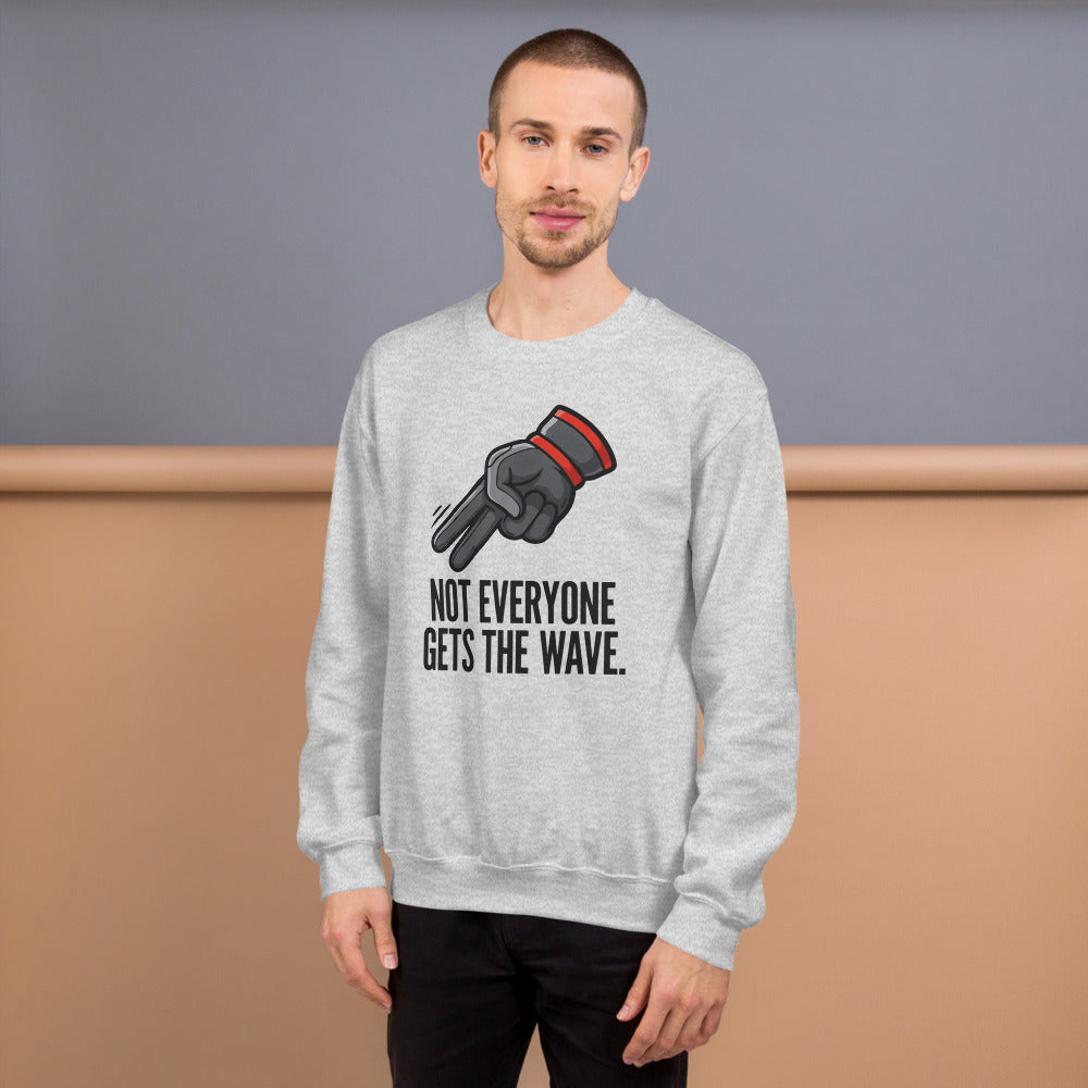 Not Everyone Gets The Wave biker wave motorcycle crewneck sweatshirt — Ash, on model