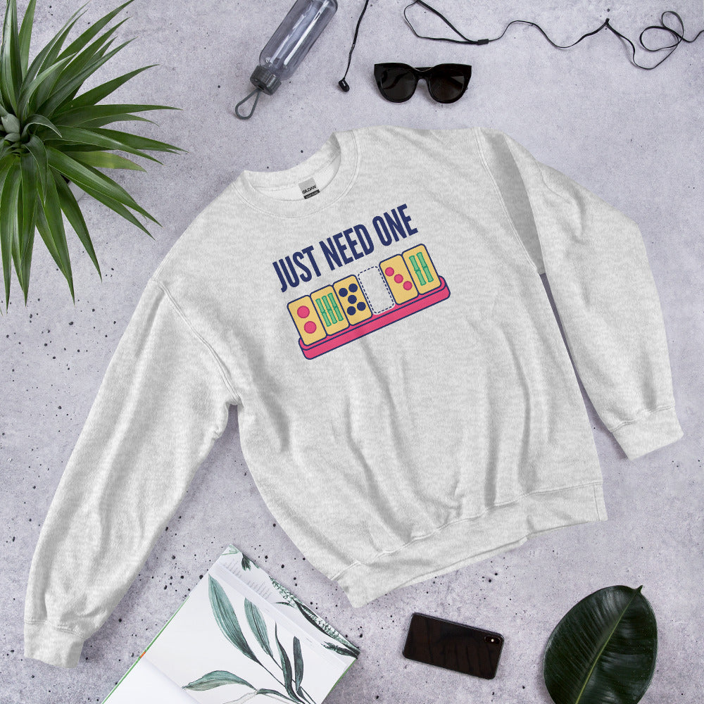 Just Need One funny mahjong crewneck sweatshirt — Ash, flat lay