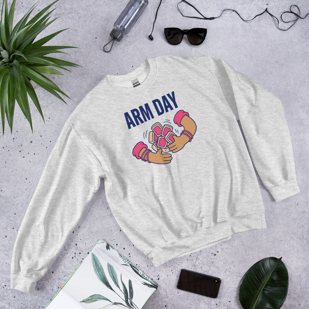 Arm Day funny mahjong crewneck sweatshirt — Ash, flat lay