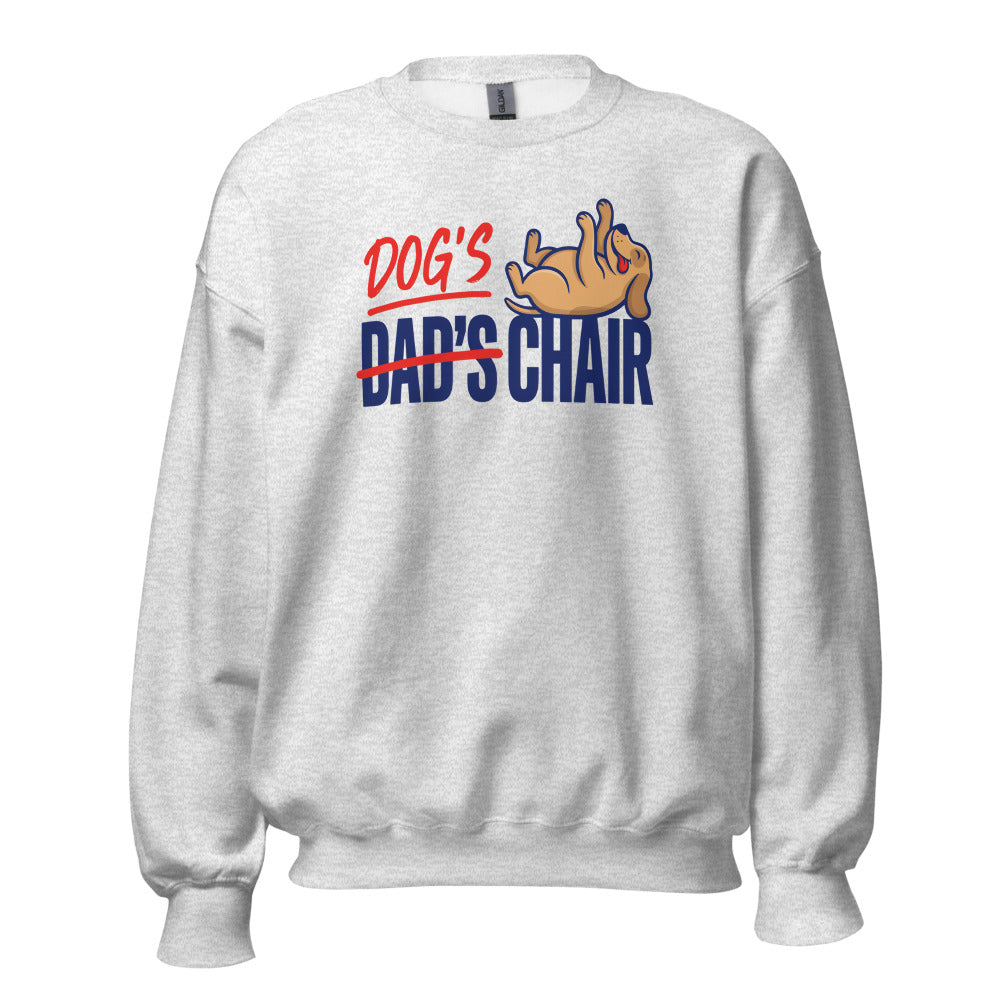 Dog's Chair funny dog dad crewneck sweatshirt — Ash, front