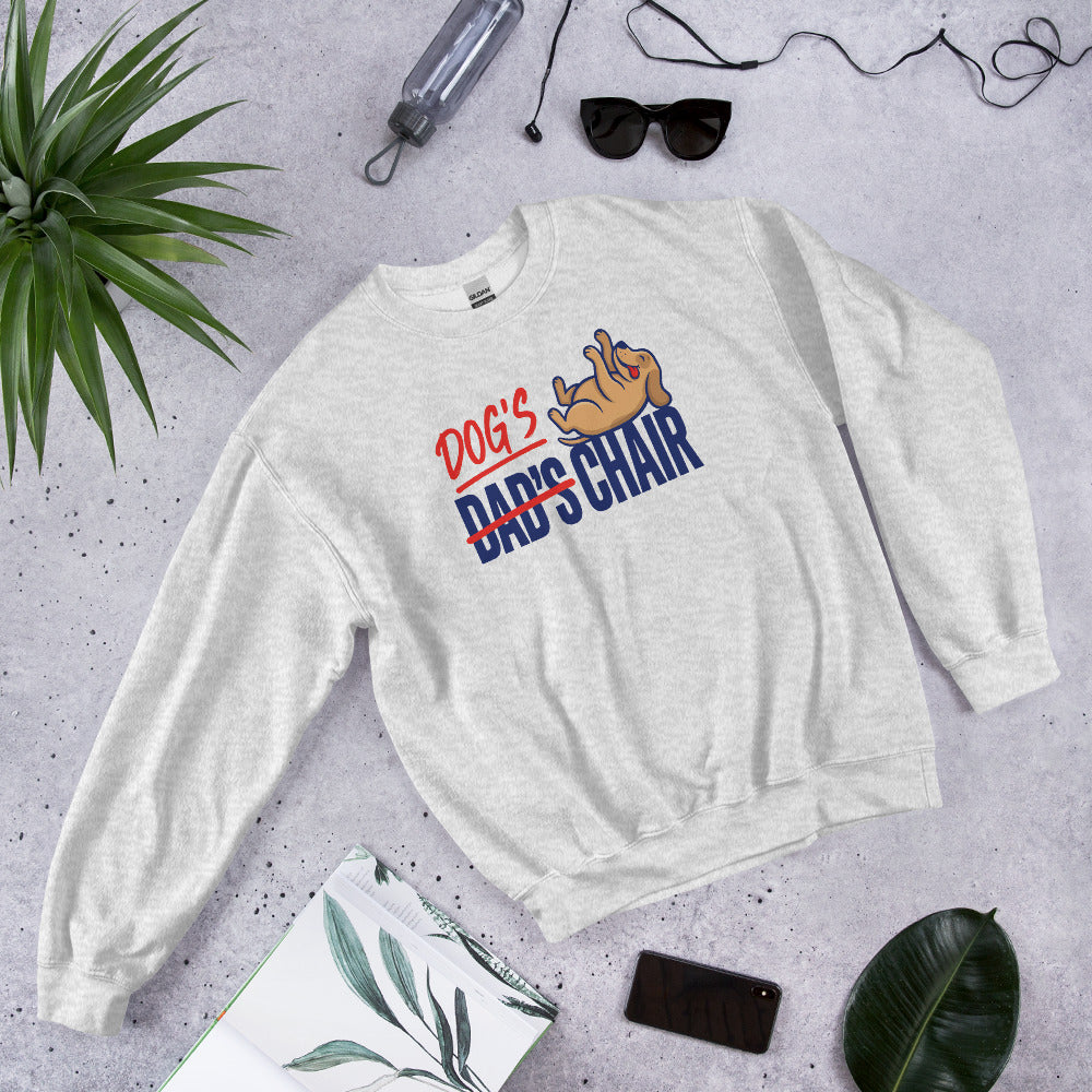 Dog's Chair funny dog dad crewneck sweatshirt — Ash, flat lay