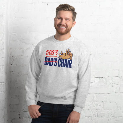 Dog's Chair funny dog dad crewneck sweatshirt — Ash, on model