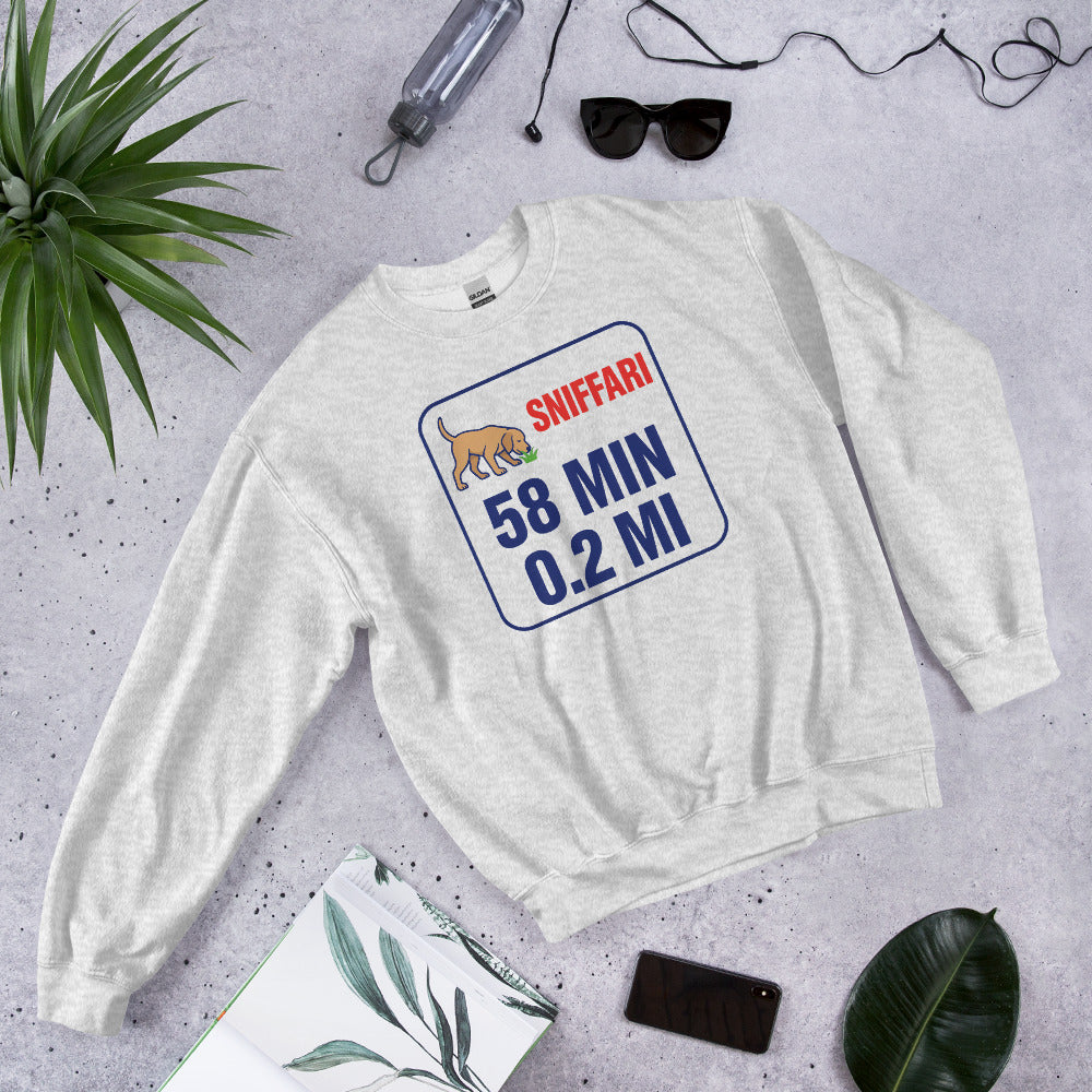 Sniff Walk Recap funny dog dad crewneck sweatshirt — Ash, flat lay