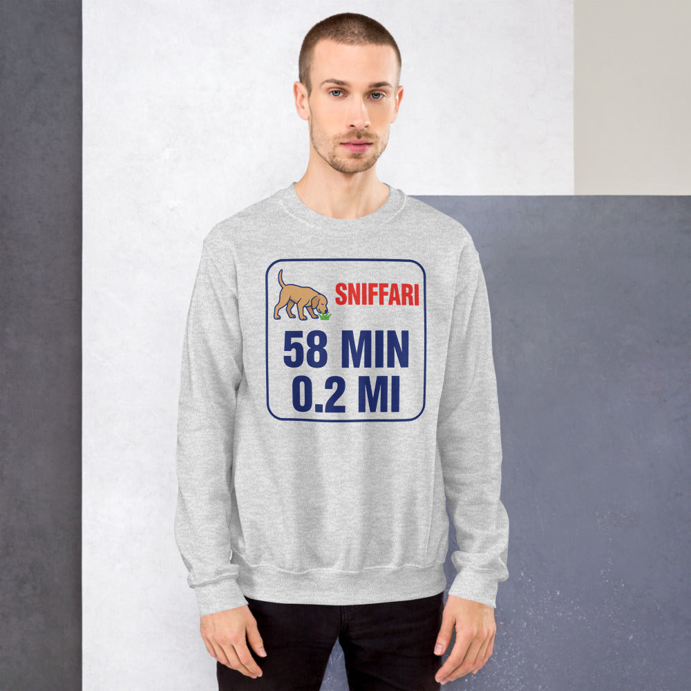 Sniff Walk Recap funny dog dad crewneck sweatshirt — Ash, on model