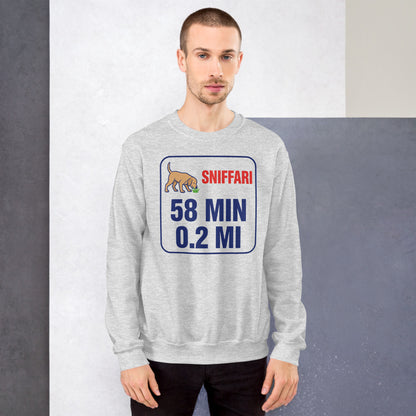 Sniff Walk Recap funny dog dad crewneck sweatshirt — Ash, on model