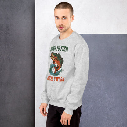 Born to Fish Forced to Work retro fishing humor crewneck sweatshirt — Ash, on model