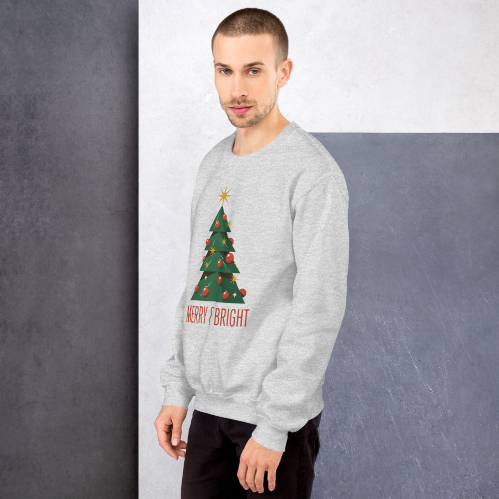 Atomic mid-century retro Christmas tree crewneck sweatshirt — Ash, on model