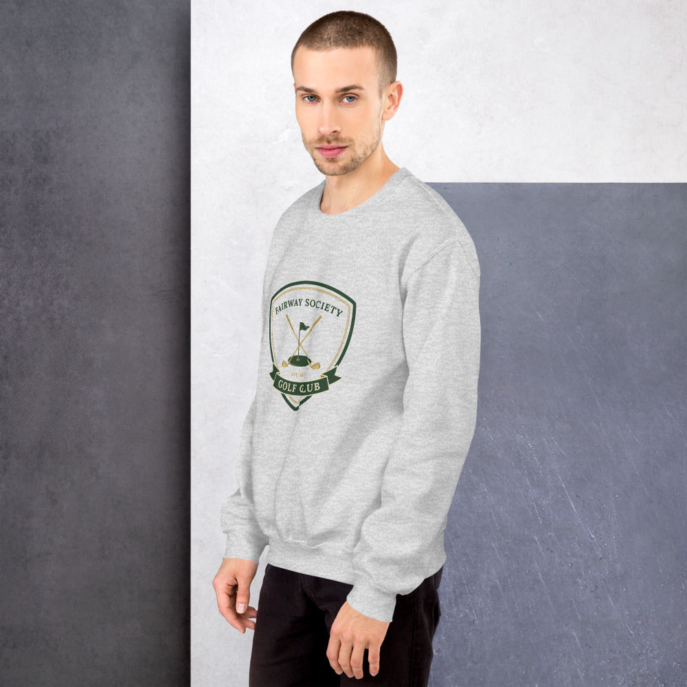 Fairway Society vintage golf club crest crewneck sweatshirt — Ash, on model