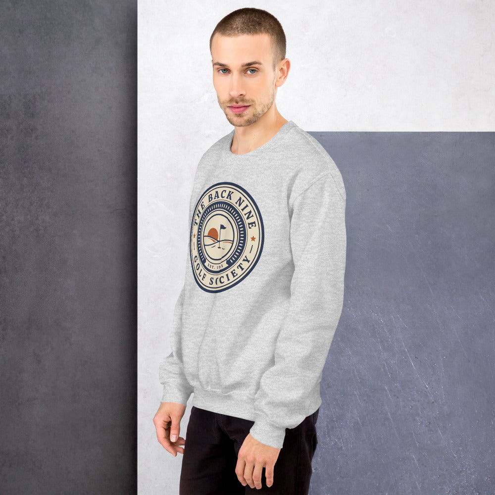 The Back Nine vintage golf roundel crewneck sweatshirt — Ash, on model