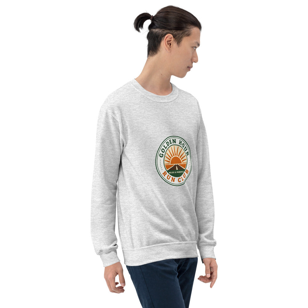 Golden Hour Run Club retro running crewneck sweatshirt — Ash, on model