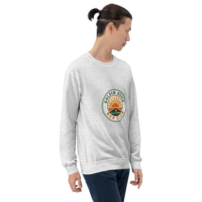Golden Hour Run Club retro running crewneck sweatshirt — Ash, on model