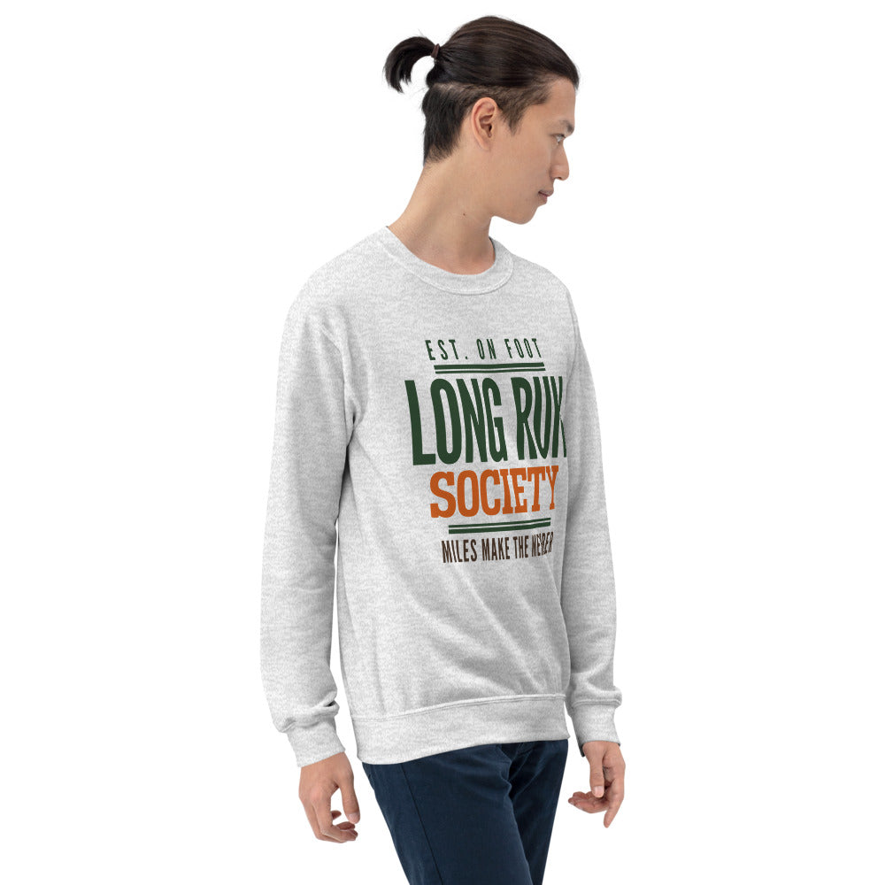 Long Run Society retro running crewneck sweatshirt — Ash, on model