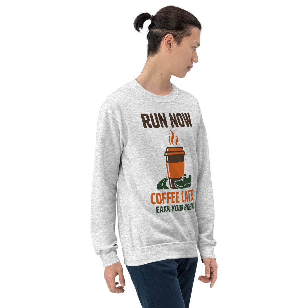 Run Now Coffee Later funny running crewneck sweatshirt — Ash, on model