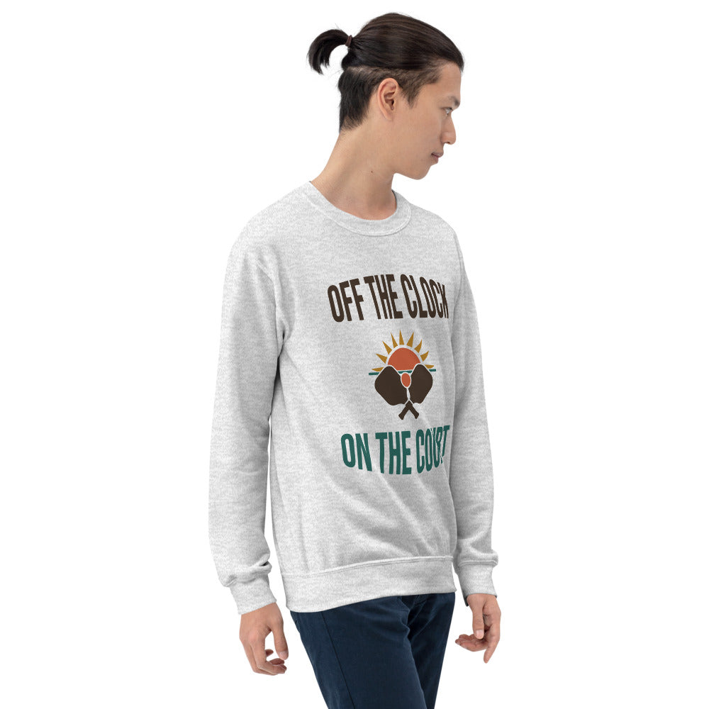 model wearing Off The Clock On The Court retro pickleball crewneck sweatshirt — Ash