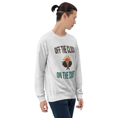 model wearing Off The Clock On The Court retro pickleball crewneck sweatshirt — Ash