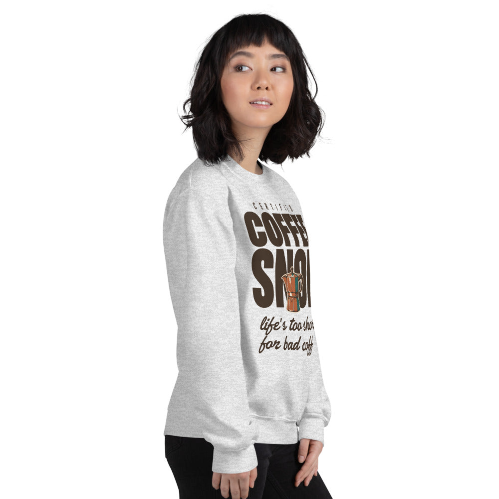 Certified Coffee Snob coffee crewneck sweatshirt — Ash, on model
