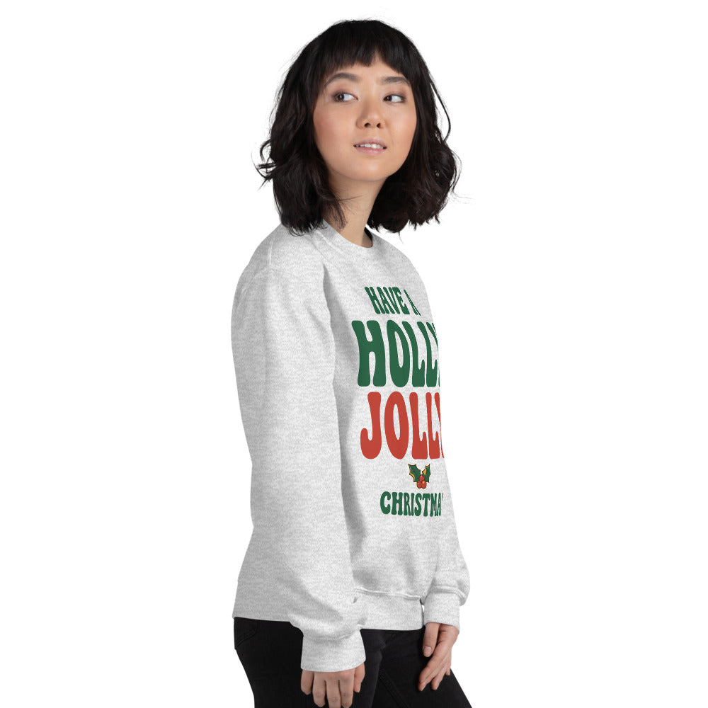 Groovy Holly Jolly retro Christmas crewneck sweatshirt — Ash, on model
