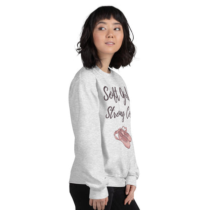 Soft Girl Strong Core ballet coquette pilates sweatshirt — Ash, on model