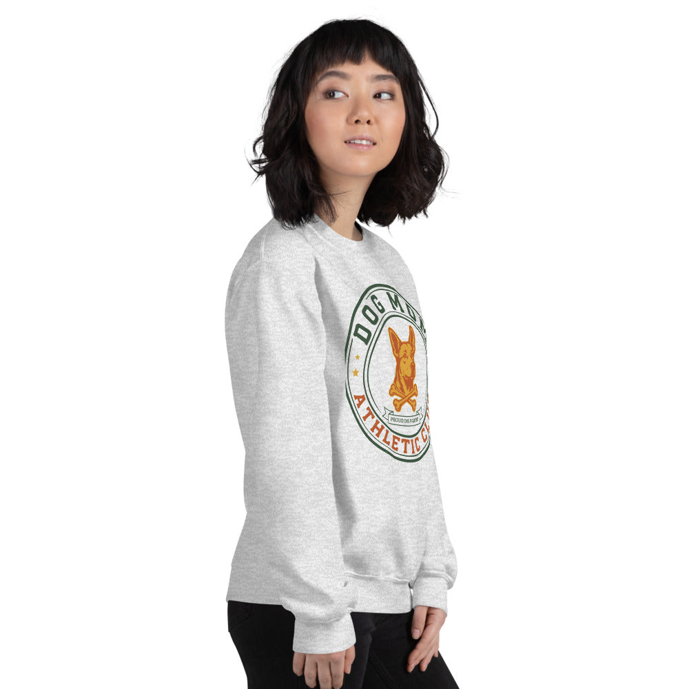 Dog Mom Athletic Club vintage varsity crest crewneck sweatshirt — Ash, on model