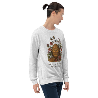 Backyard Beekeeper field-guide bee crewneck sweatshirt — Ash, on model