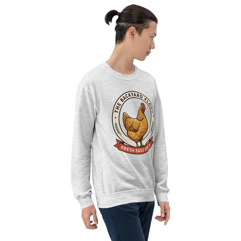 Backyard Flock heritage chicken keeper crewneck sweatshirt — Ash, on model