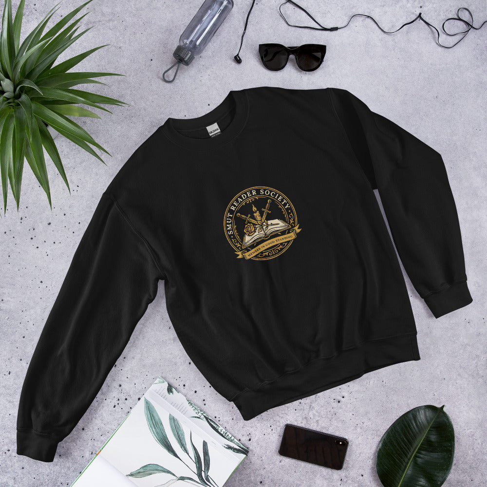 Smut Reader Society book lover dark academia crewneck sweatshirt — Black, front angled