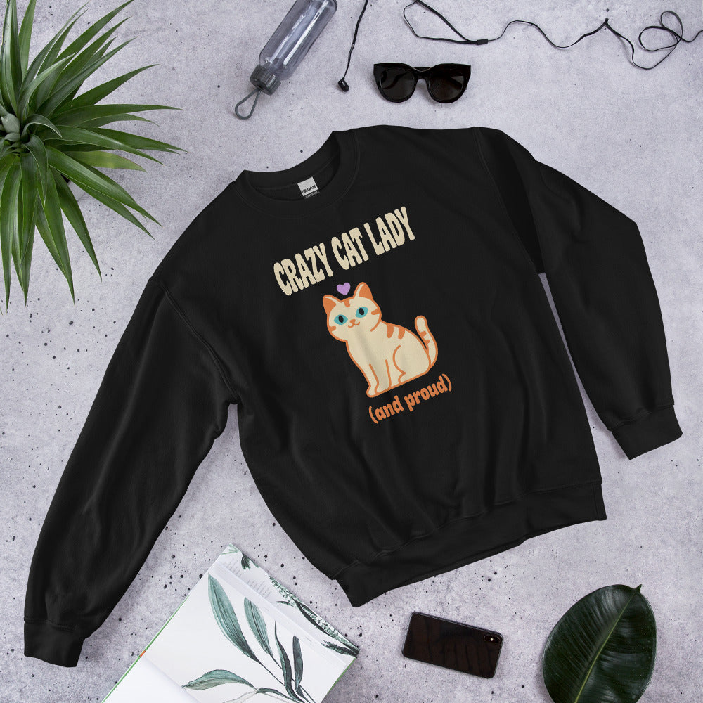 Crazy Cat Lady and Proud retro Y2K crewneck sweatshirt — Black, front angled