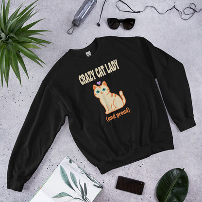 Crazy Cat Lady and Proud retro Y2K crewneck sweatshirt — Black, front angled