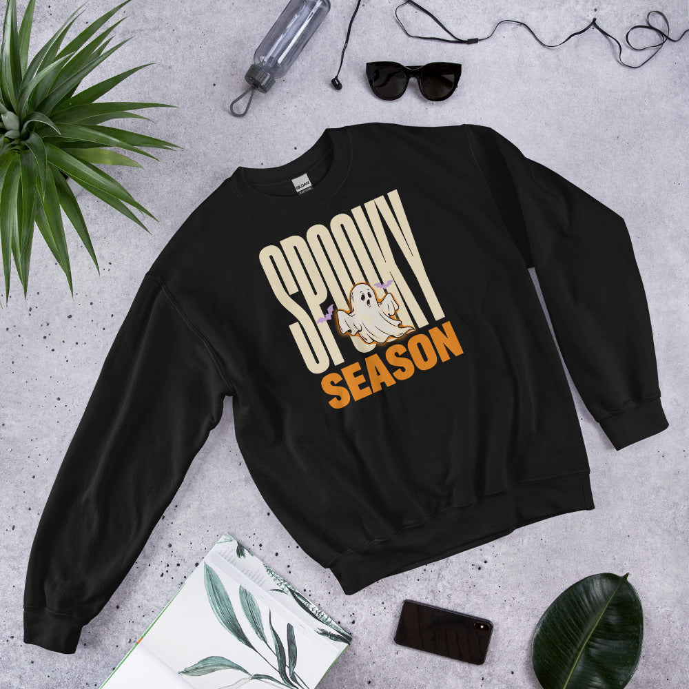 Spooky Season retro Halloween ghost typography crewneck sweatshirt — Black, front angled