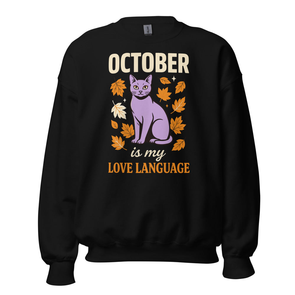 October Is My Love Language retro Halloween black cat crewneck sweatshirt — Black, front