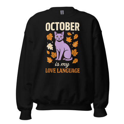 October Is My Love Language retro Halloween black cat crewneck sweatshirt — Black, front