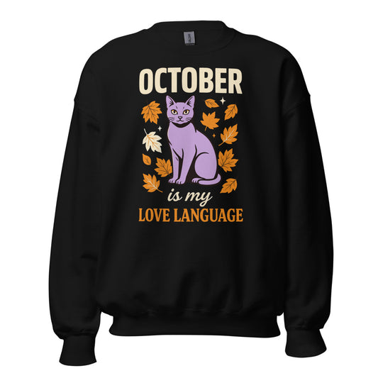 October Is My Love Language retro Halloween black cat crewneck sweatshirt — Black, front