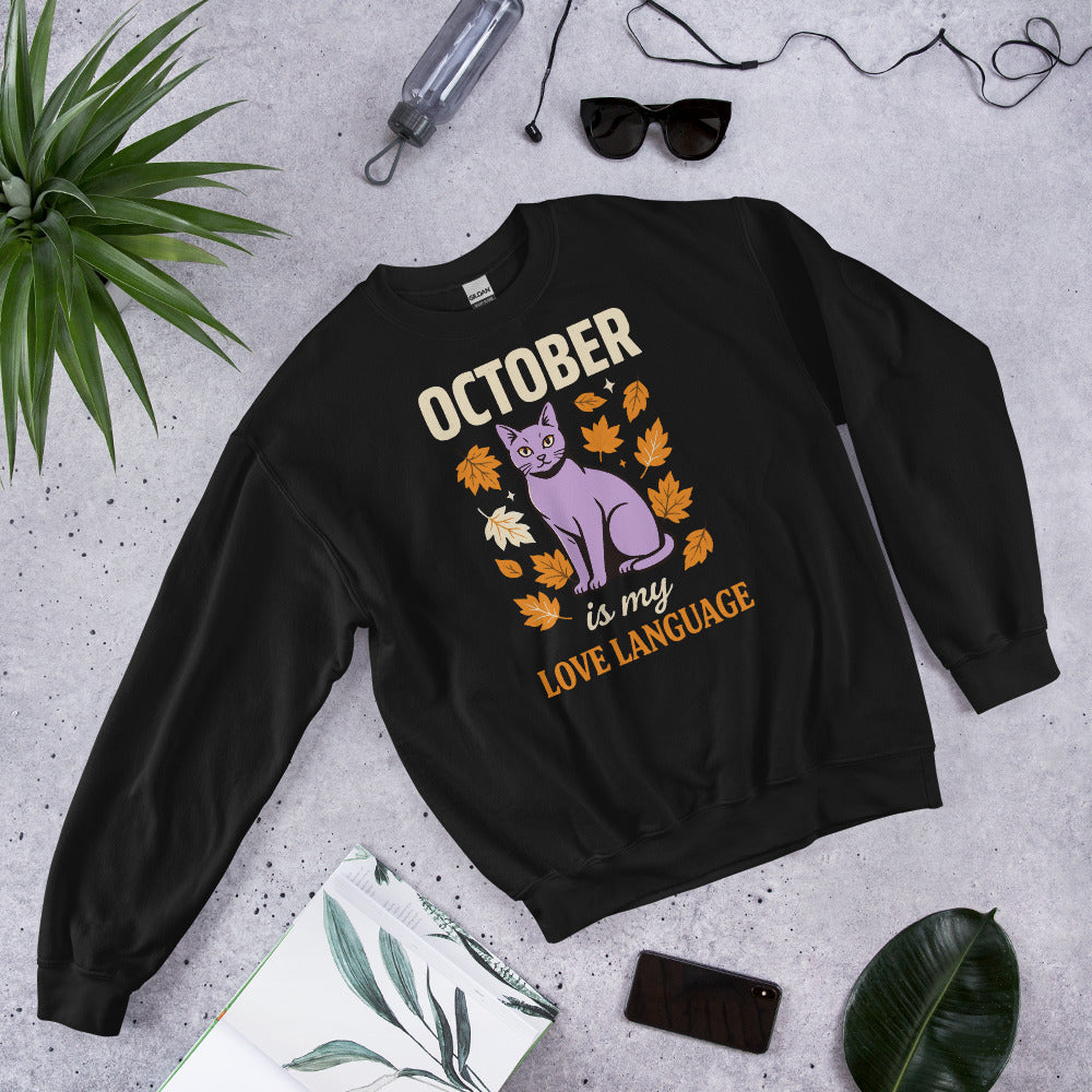 October Is My Love Language retro Halloween black cat crewneck sweatshirt — Black, front view