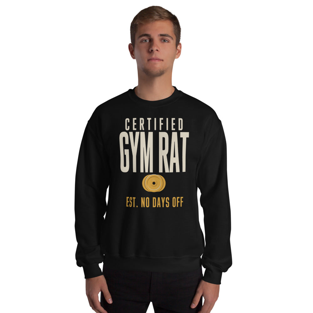 Certified Gym Rat vintage athletic crewneck sweatshirt — Black, on model