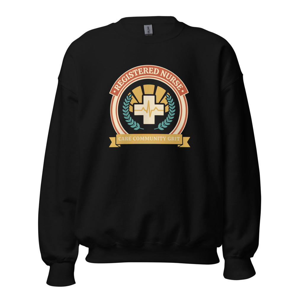 Registered Nurse vintage healthcare emblem badge crewneck sweatshirt — Black, front