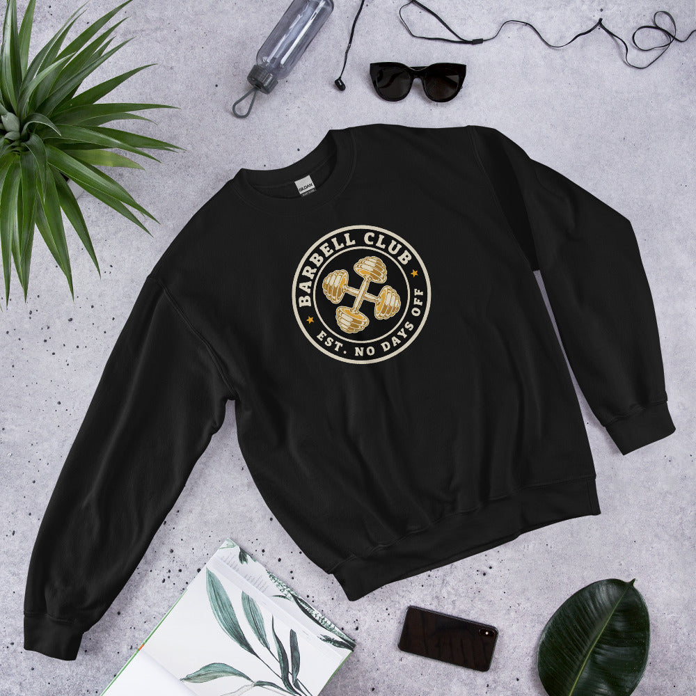 Barbell Club No Days Off vintage gym crewneck sweatshirt — Black, front-right