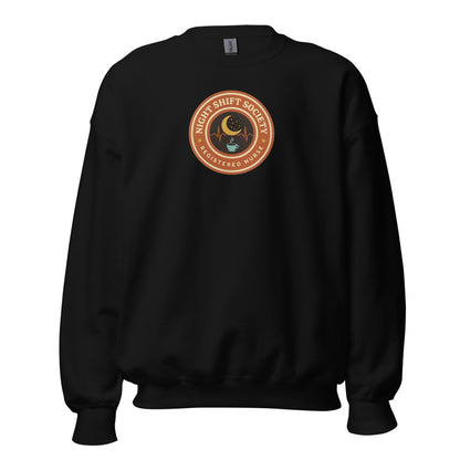 Night Shift Society retro registered nurse badge crewneck sweatshirt — Black, front