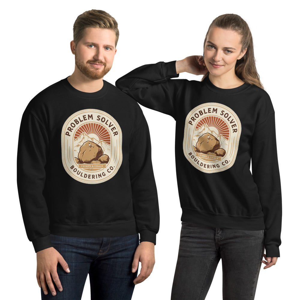 Problem Solver Bouldering Badge crewneck sweatshirt — Black, on model
