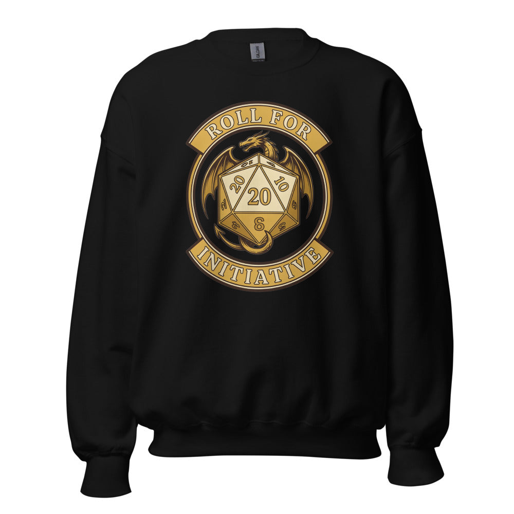 Roll For Initiative d20 dragon tabletop RPG crewneck sweatshirt — Black, front